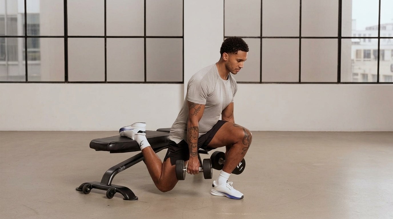 Man doing a Bulgarian split squat with dumbbells, back foot on a bench.