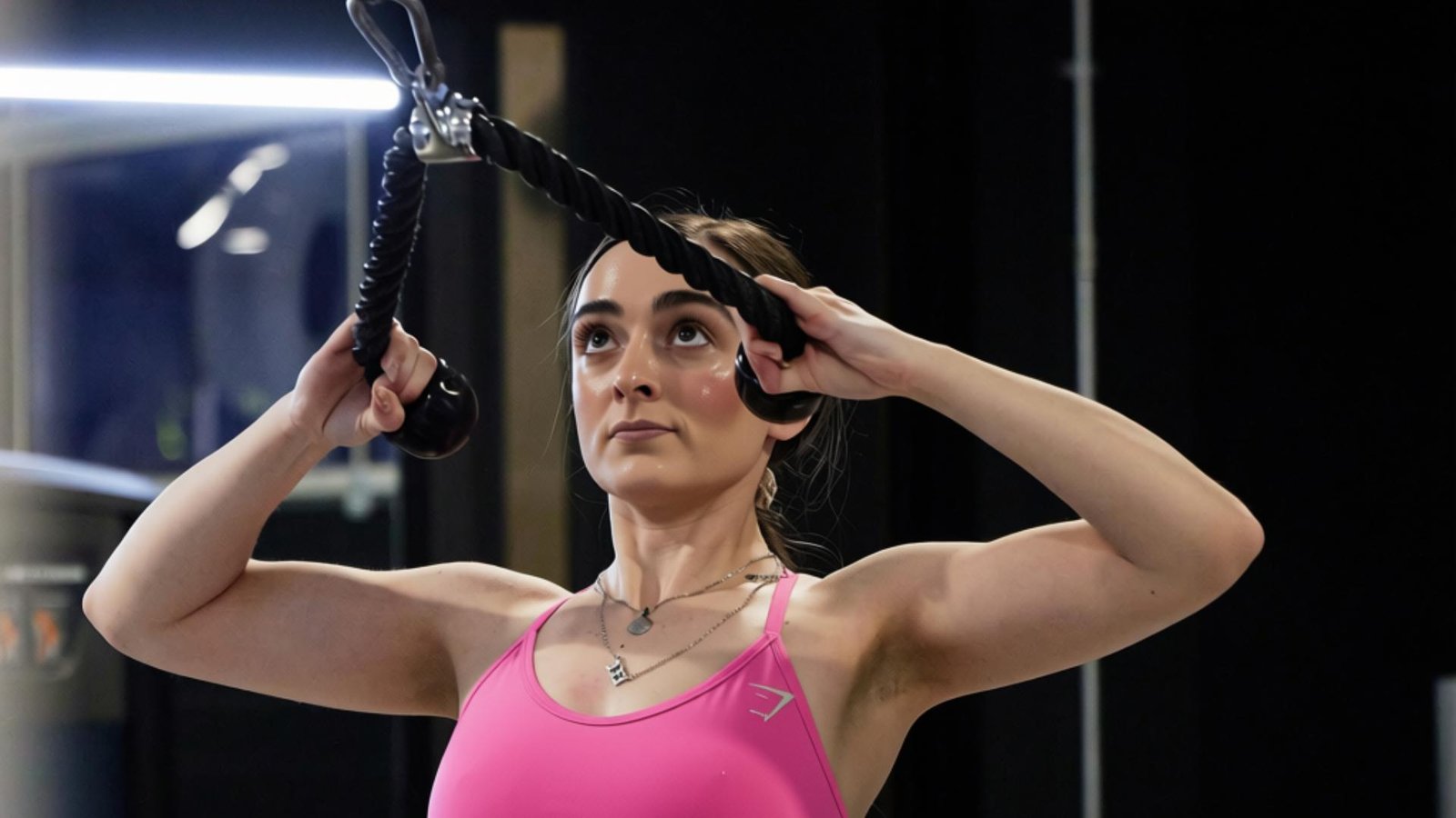 Woman performing a cable face pull to strengthen the rear shoulders, upper back, and rotator cuff muscles.