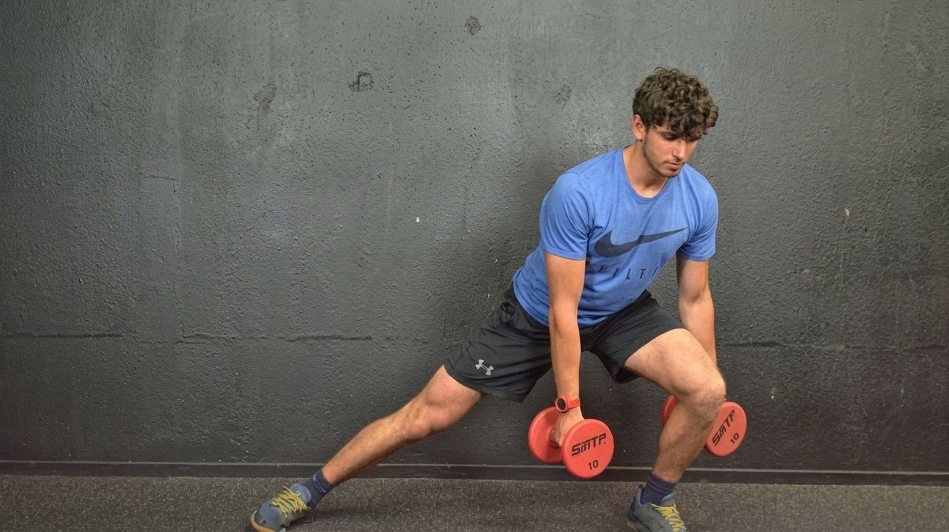 Man in blue shirt doing a lateral lunge holding red dumbbells against a gray wall.