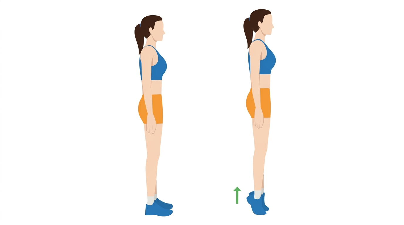 Side-view illustration of a standing calf raise, lifting heels off the floor with an upward arrow.
