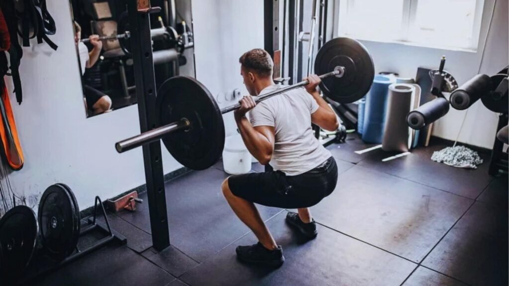 Man from behind doing barbell back squat in gym, demonstrating squat technique to avoid back pain.