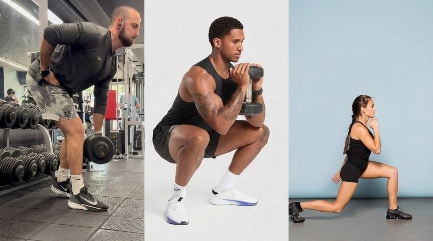 Three photos showing heaviest bilateral lift, goblet squat with dumbbell, and bodyweight split squat.