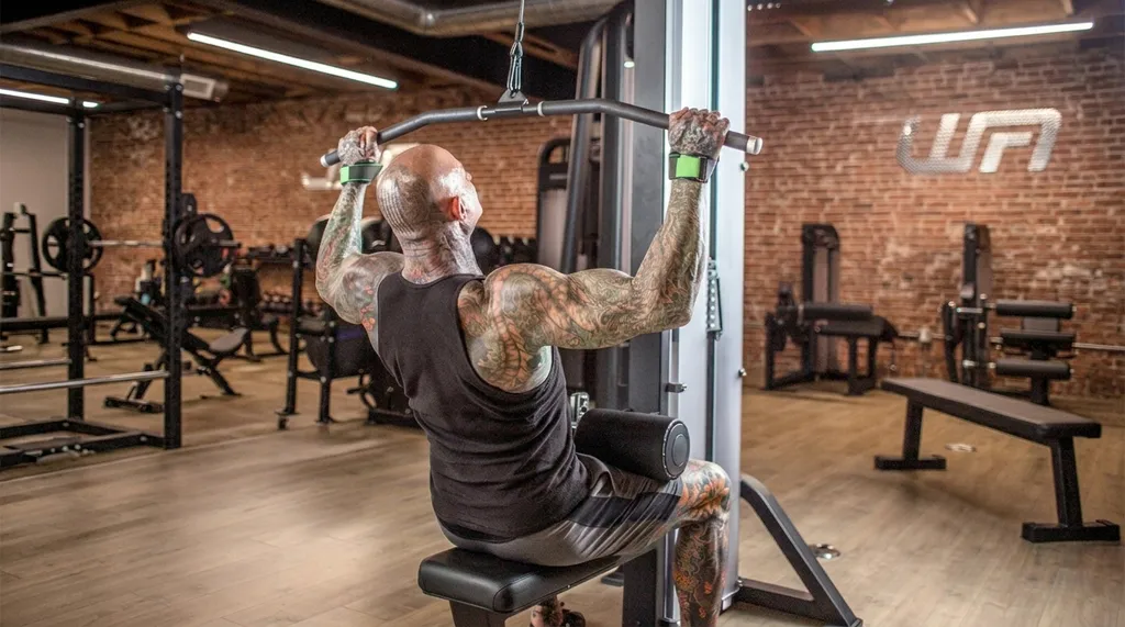 Tattooed man performing a wide-grip lat pulldown on a cable machine in a brick-walled gym.