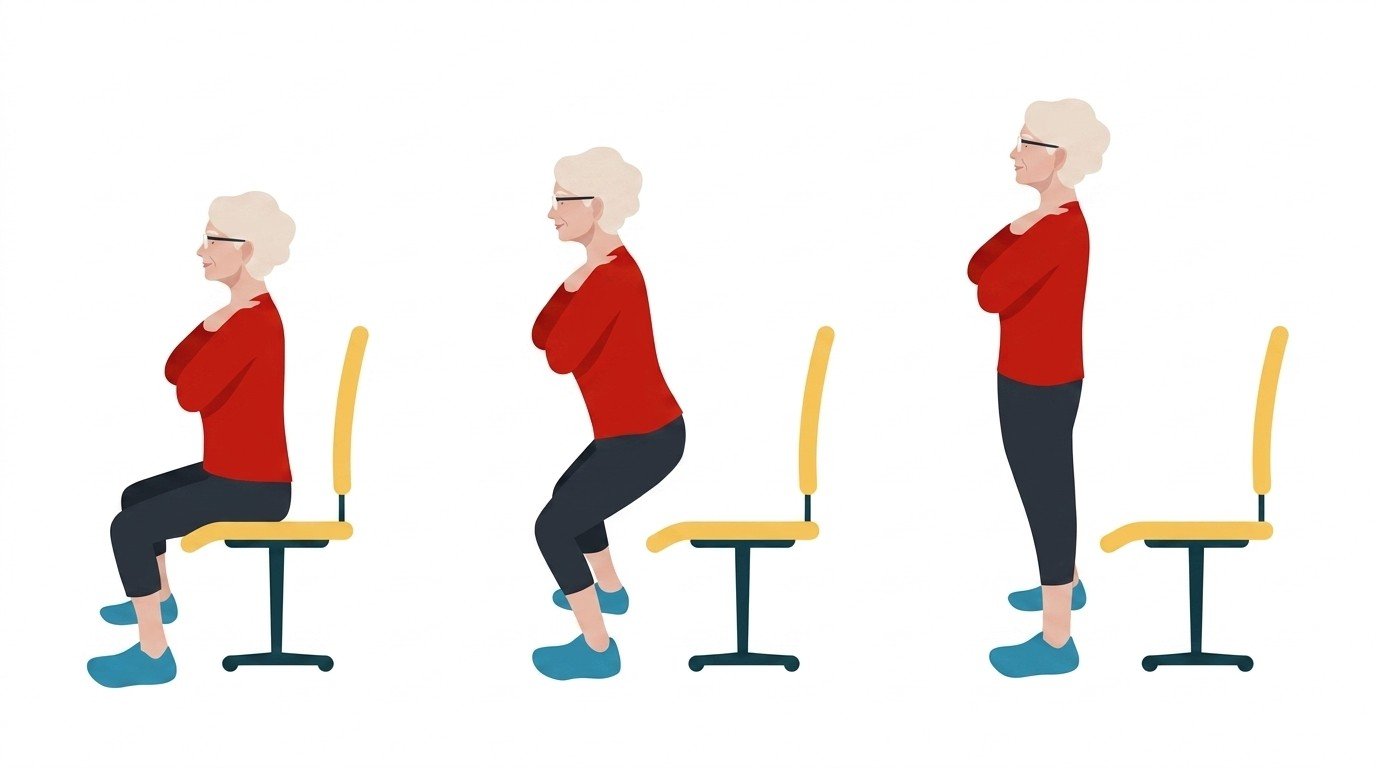 Three-step illustration of an older woman doing a sit-to-stand exercise from a chair.