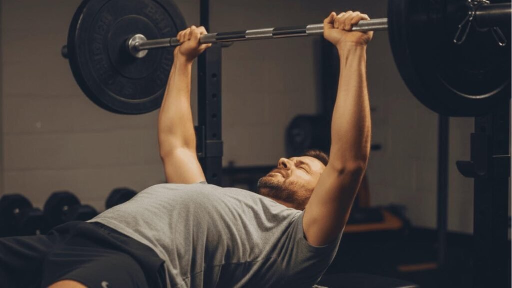 Man doing barbell bench press with arms extended, demonstrating bench press shoulder pain cause.