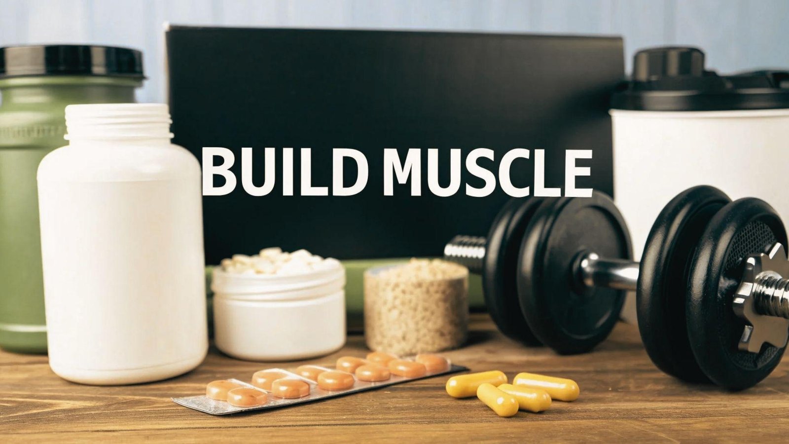 Fitness still life with BUILD MUSCLE text, dumbbell, supplement bottles, protein powder and yellow pills on wood.