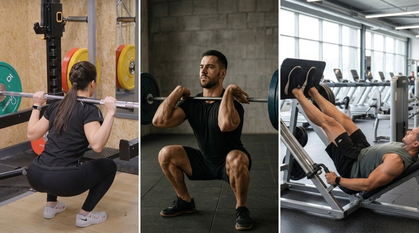 Three gym photos showing back squat, front squat, and leg press machine exercises.