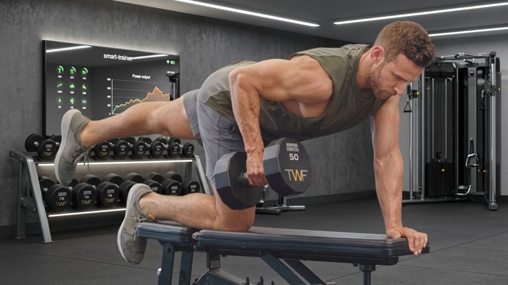 Man doing single-arm dumbbell row on bench to build stronger back muscles
