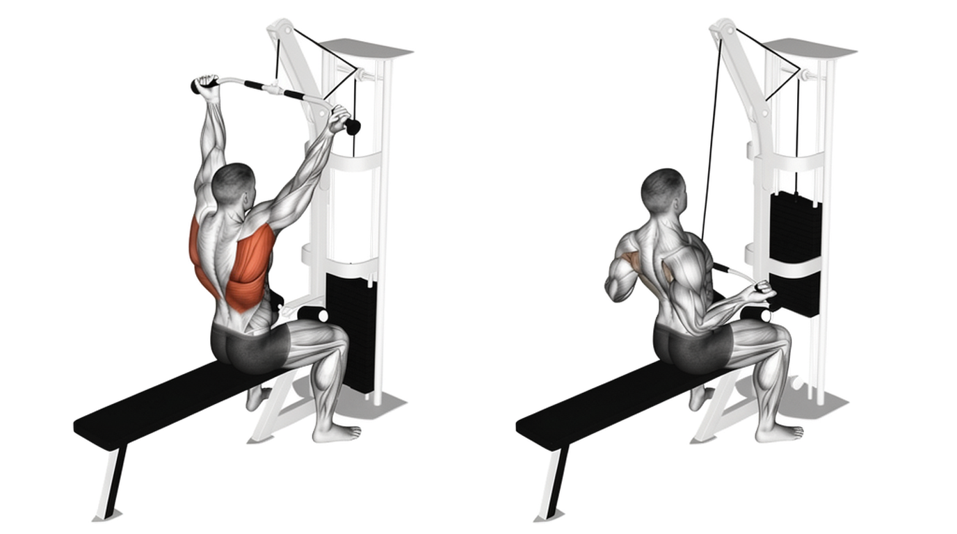 Two-step diagram of lat pulldown form showing stretch and contraction phases with muscles in red.