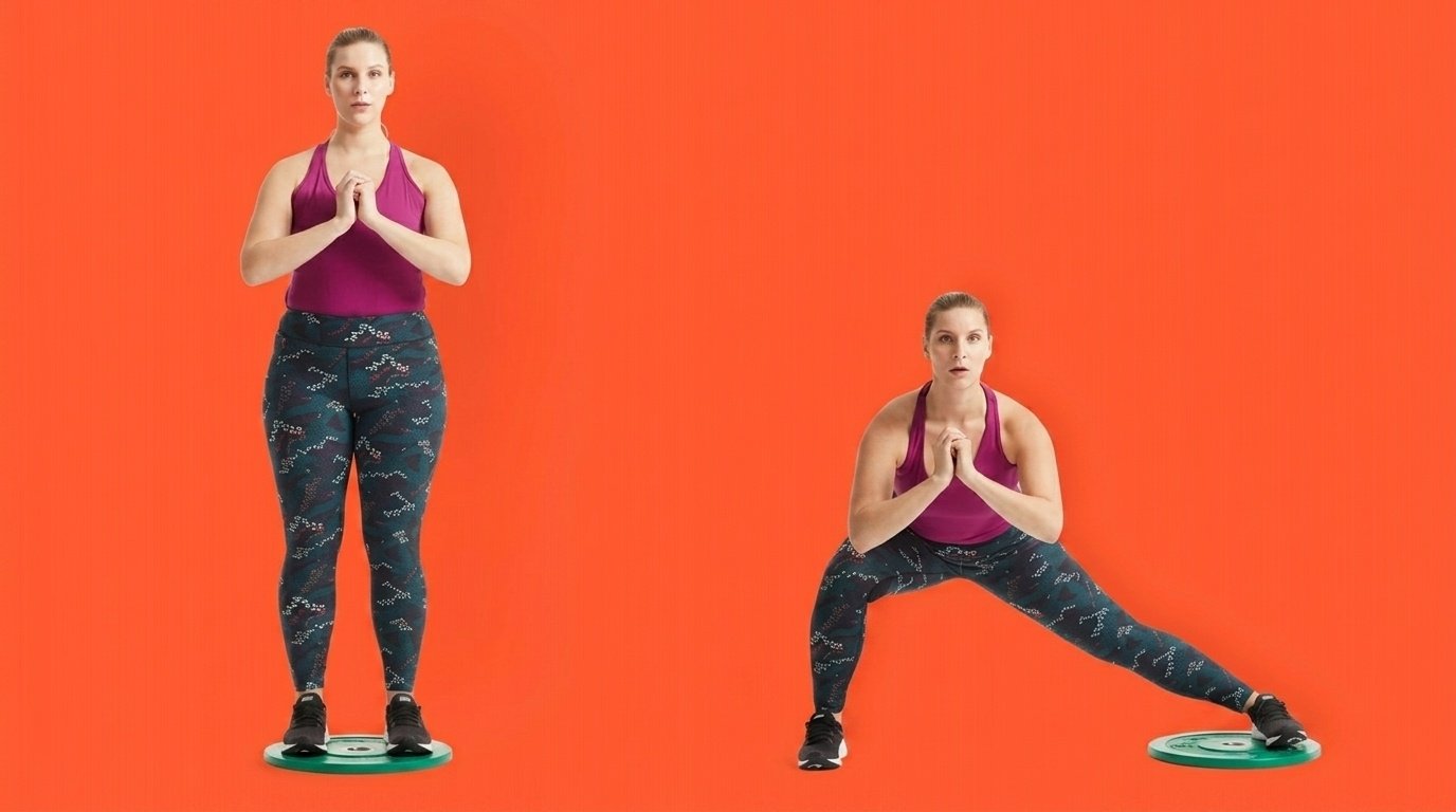 Woman shown standing then doing a sliding lateral lunge against a bright orange background.