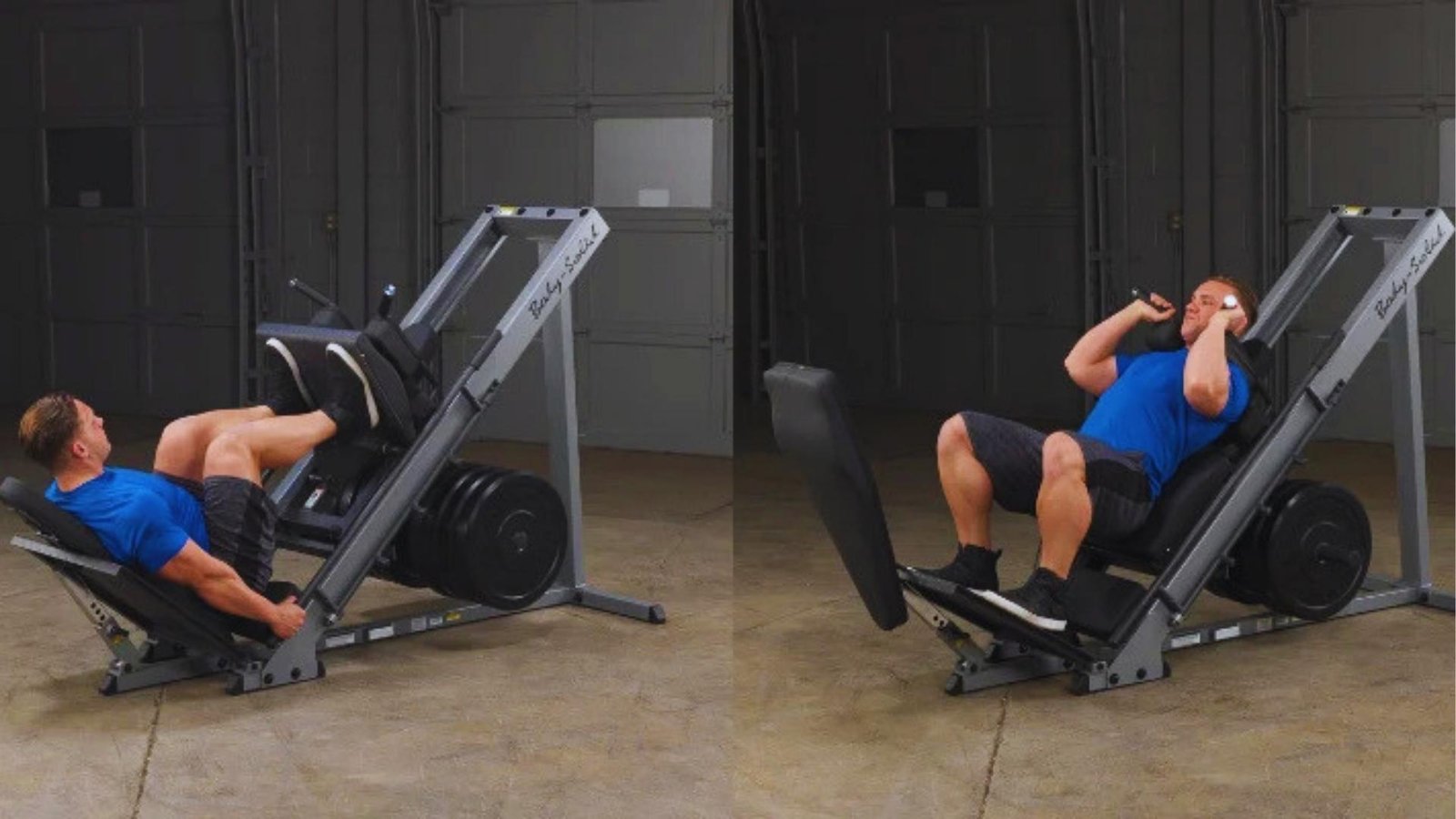 Side-by-side comparison of man performing hack squat exercise start and end position form guide.