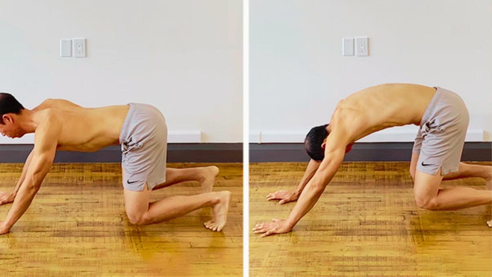 Shirtless man on hands and knees on wood floor demonstrating cat-cow spinal flexion and extension stretch.