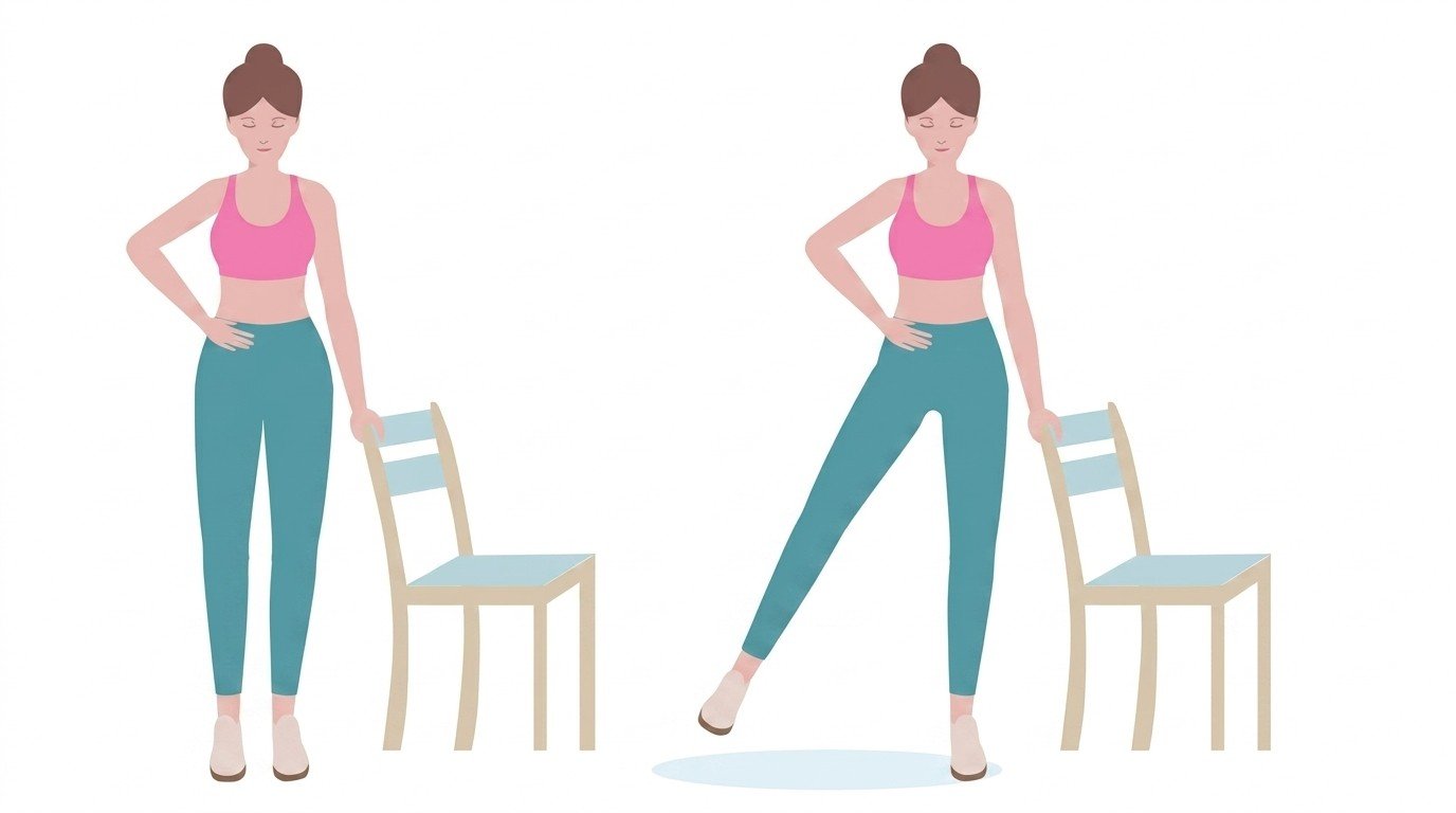 Illustration of a woman doing a standing side leg raise while holding a chair for support.