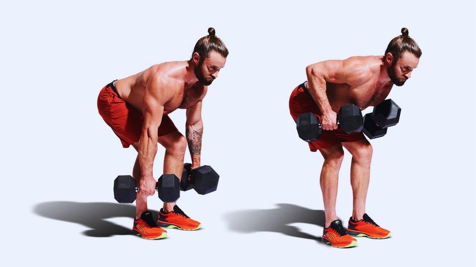 Man showing bent-over dumbbell row form with two heavy dumbbells, chest supported variation.