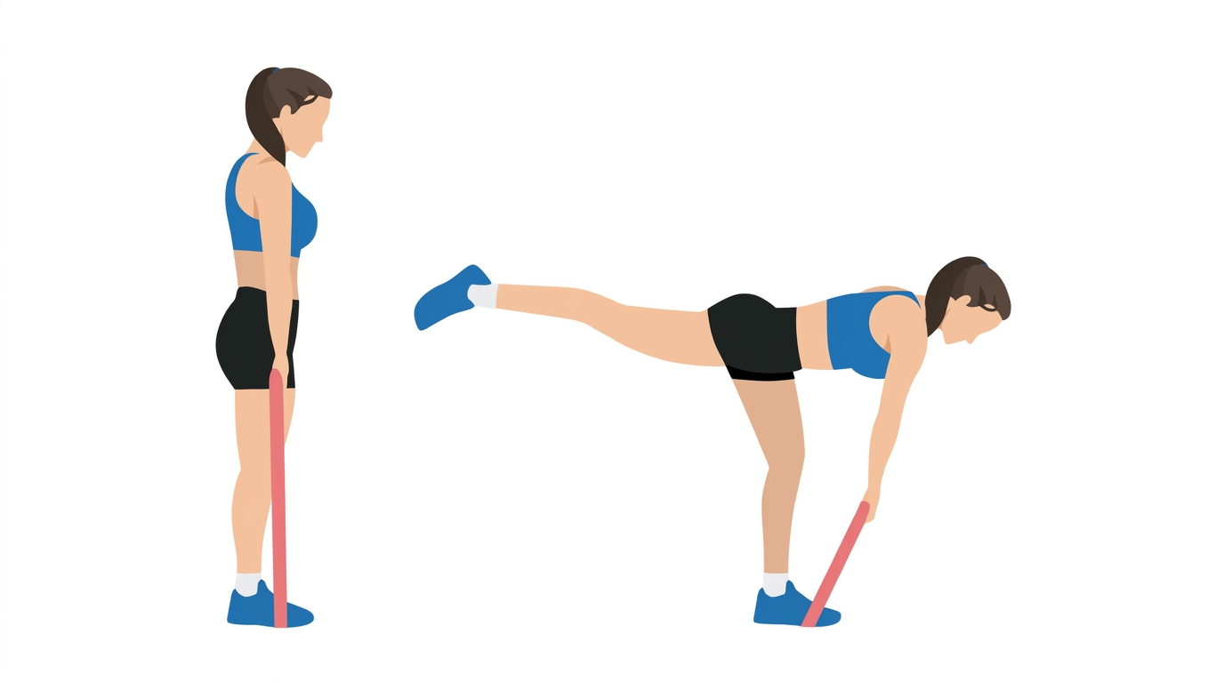Illustration of a single-leg hip hinge with a resistance band, hinging at the hips.