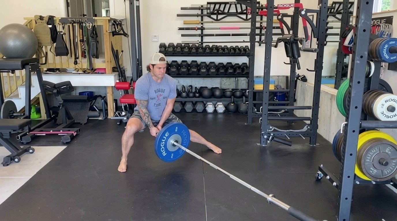 Man in cap doing a landmine lateral lunge with a barbell in the gym.