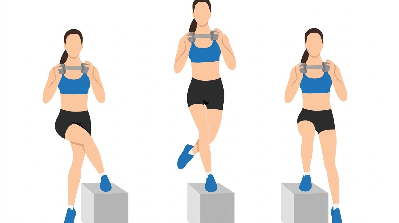 Three-step illustration of a dumbbell step-up onto a box, alternating legs.