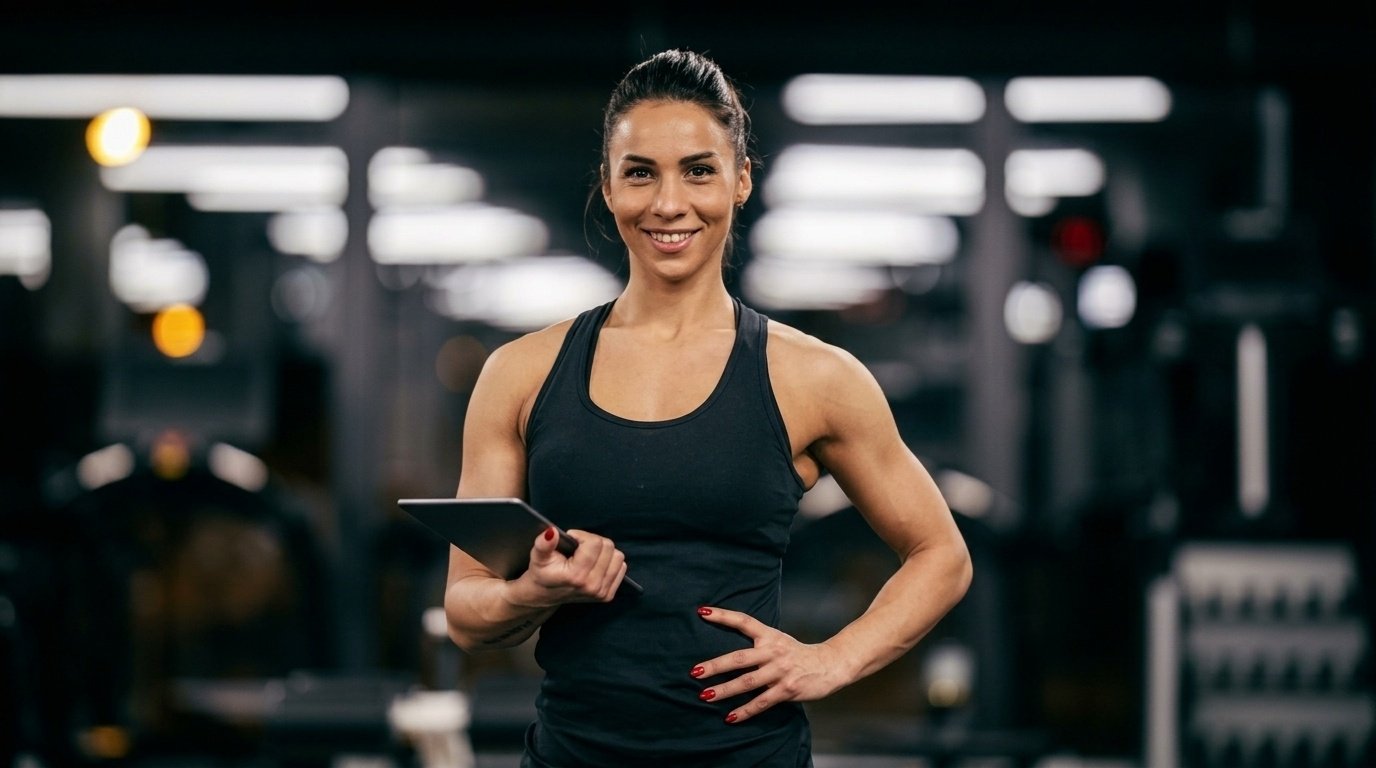 Smiling female fitness coach in black tank top holding a tablet inside a gym.