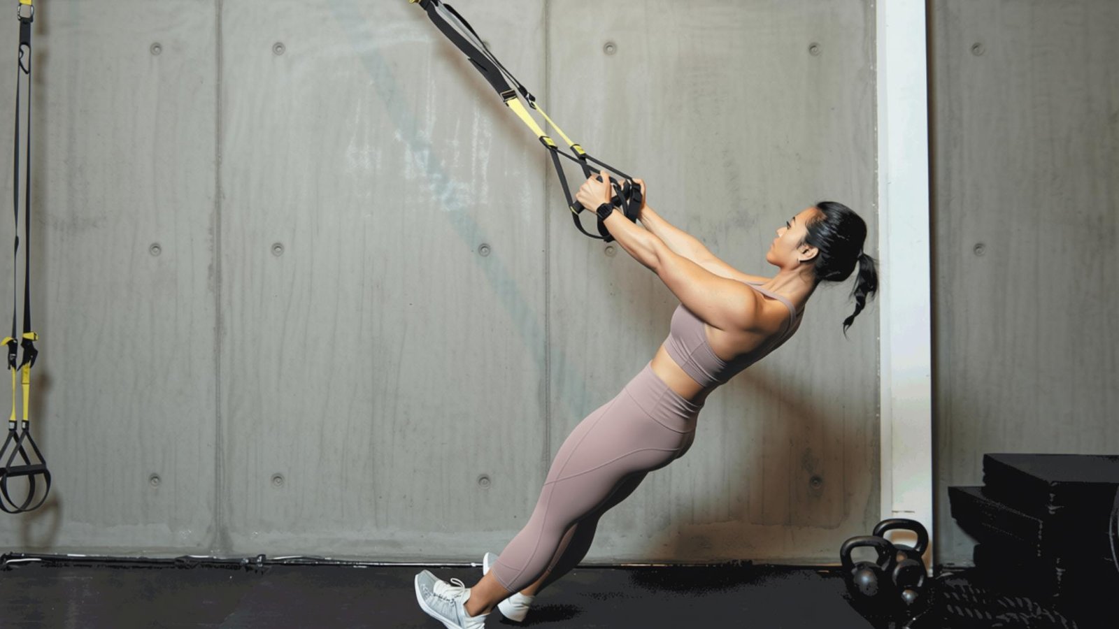 Person performing a TRX row using suspension straps to strengthen the upper back and shoulders.