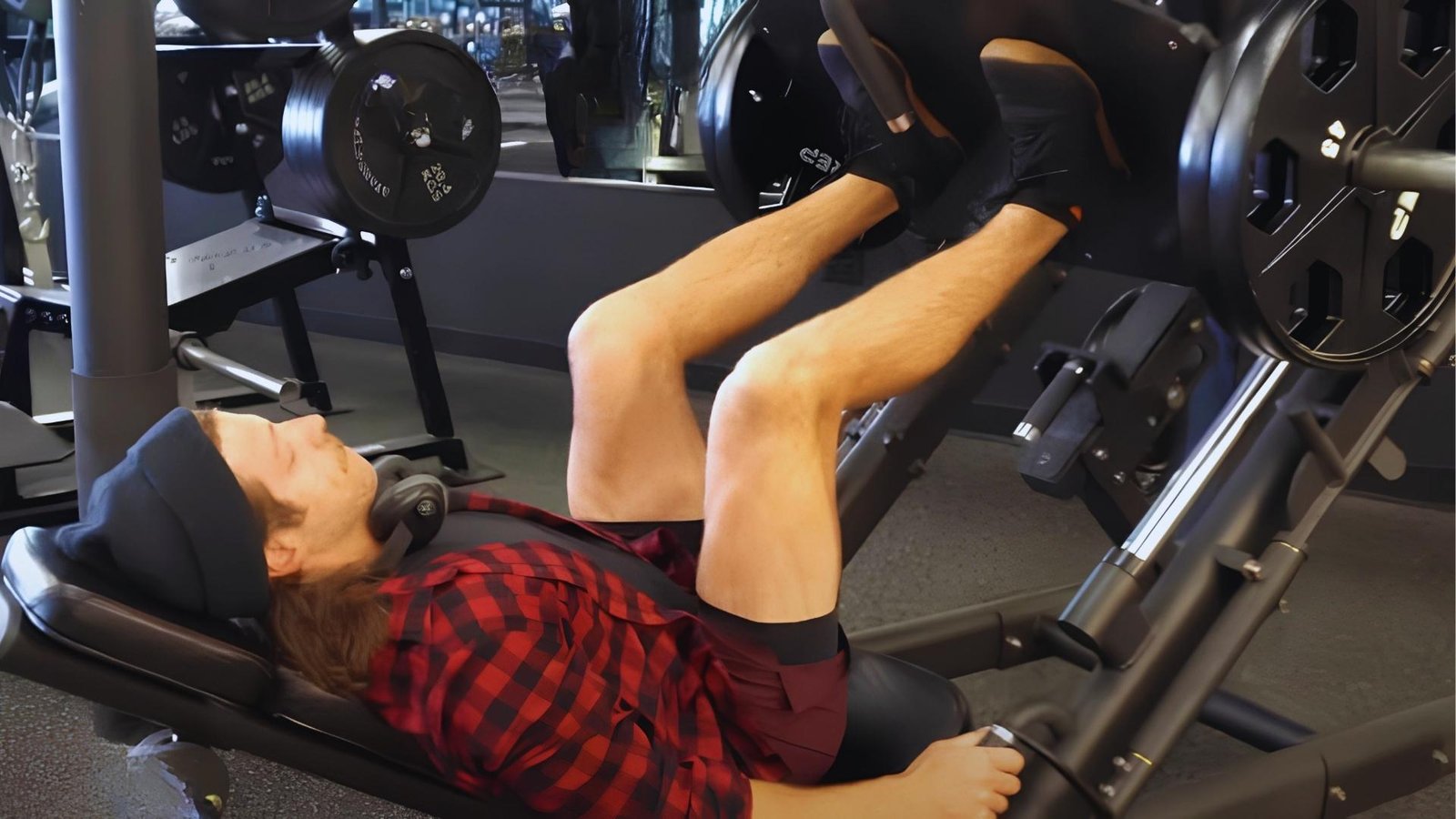 Man in plaid shirt performing leg press on heavy loaded machine in gym, leg workout.