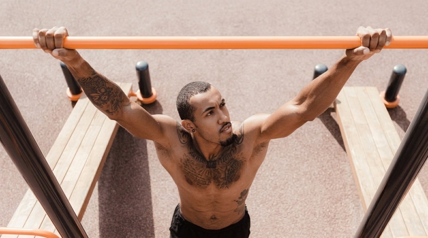 Shirtless tattooed man doing pull ups on an orange bar at outdoor workout park.
