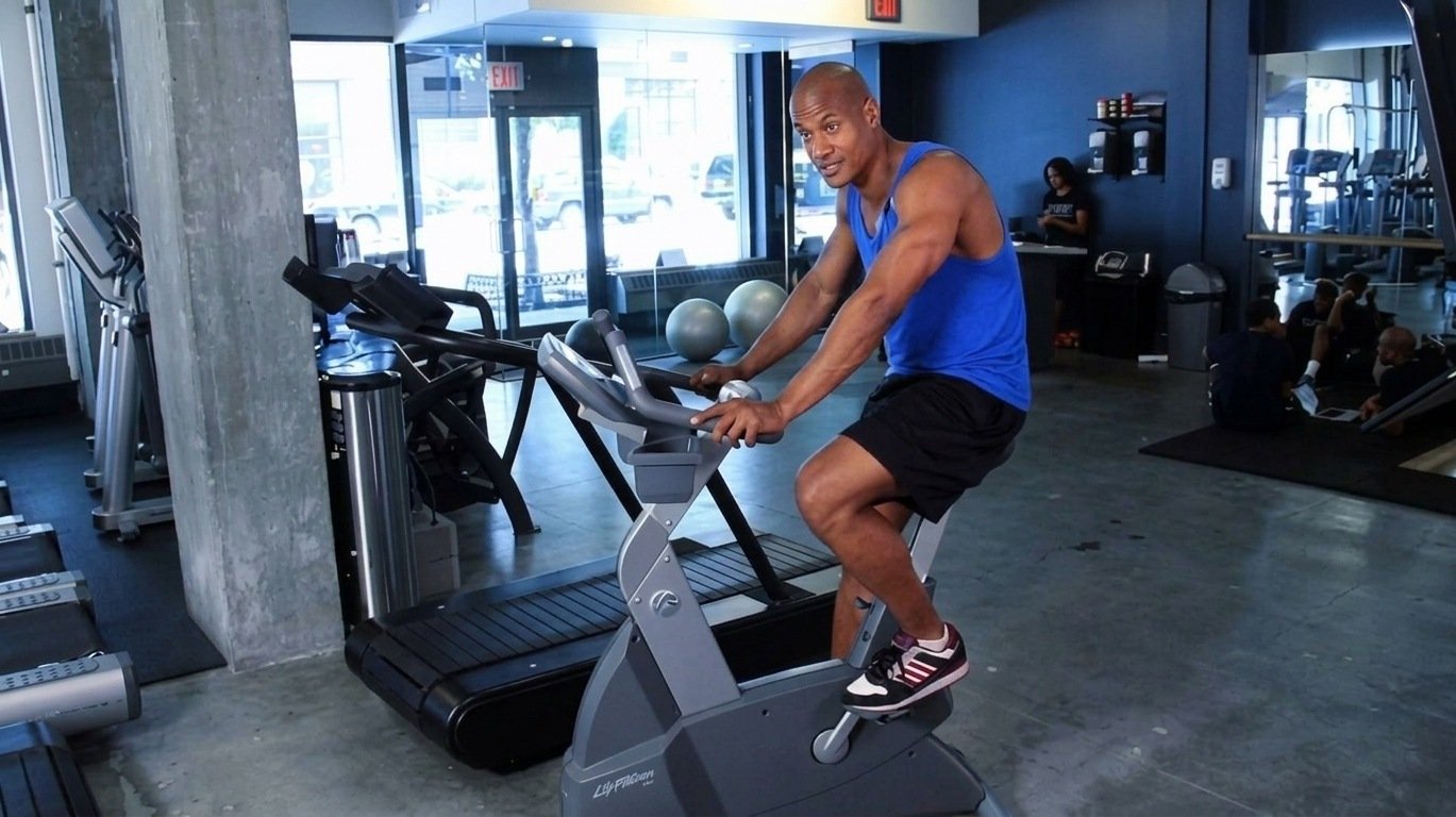 Man in blue tank top riding a stationary exercise bike inside a gym.