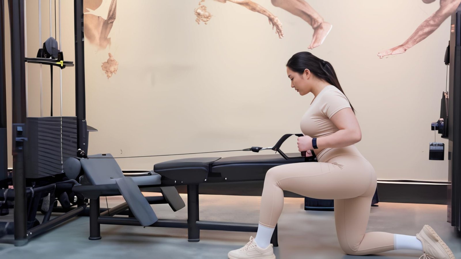 Gym member performing a single-arm cable row with a neutral grip for balanced back development.