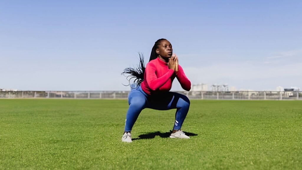Woman doing wide sumo squat exercise outdoors to strengthen hips and glutes