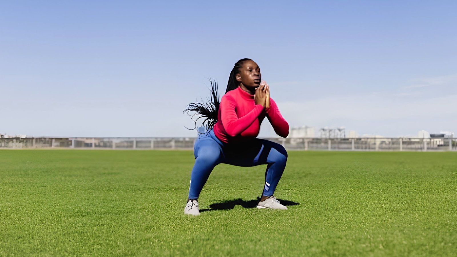 Woman doing wide sumo squat exercise outdoors to strengthen hips and glutes