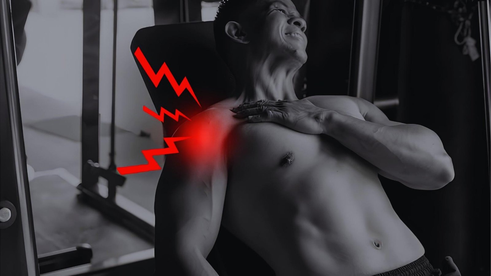 Man holding painful shoulder with red inflammation graphic showing bench press shoulder injury.