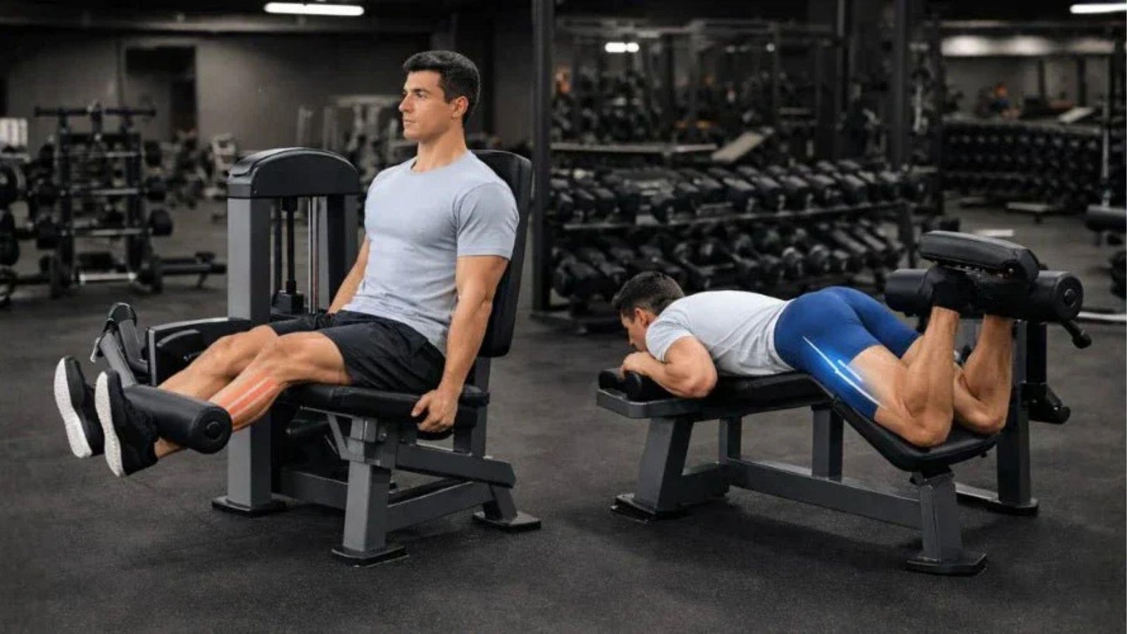 Man performing a seated leg extension beside another doing a lying leg curl in a gym.
