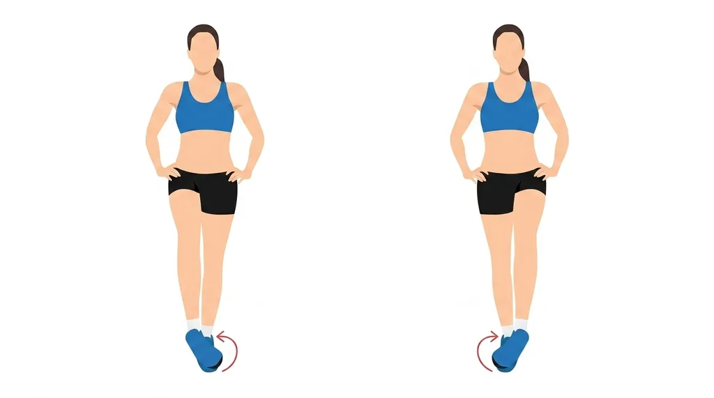 Illustration of a woman performing standing ankle circles with rotation arrows at her foot.