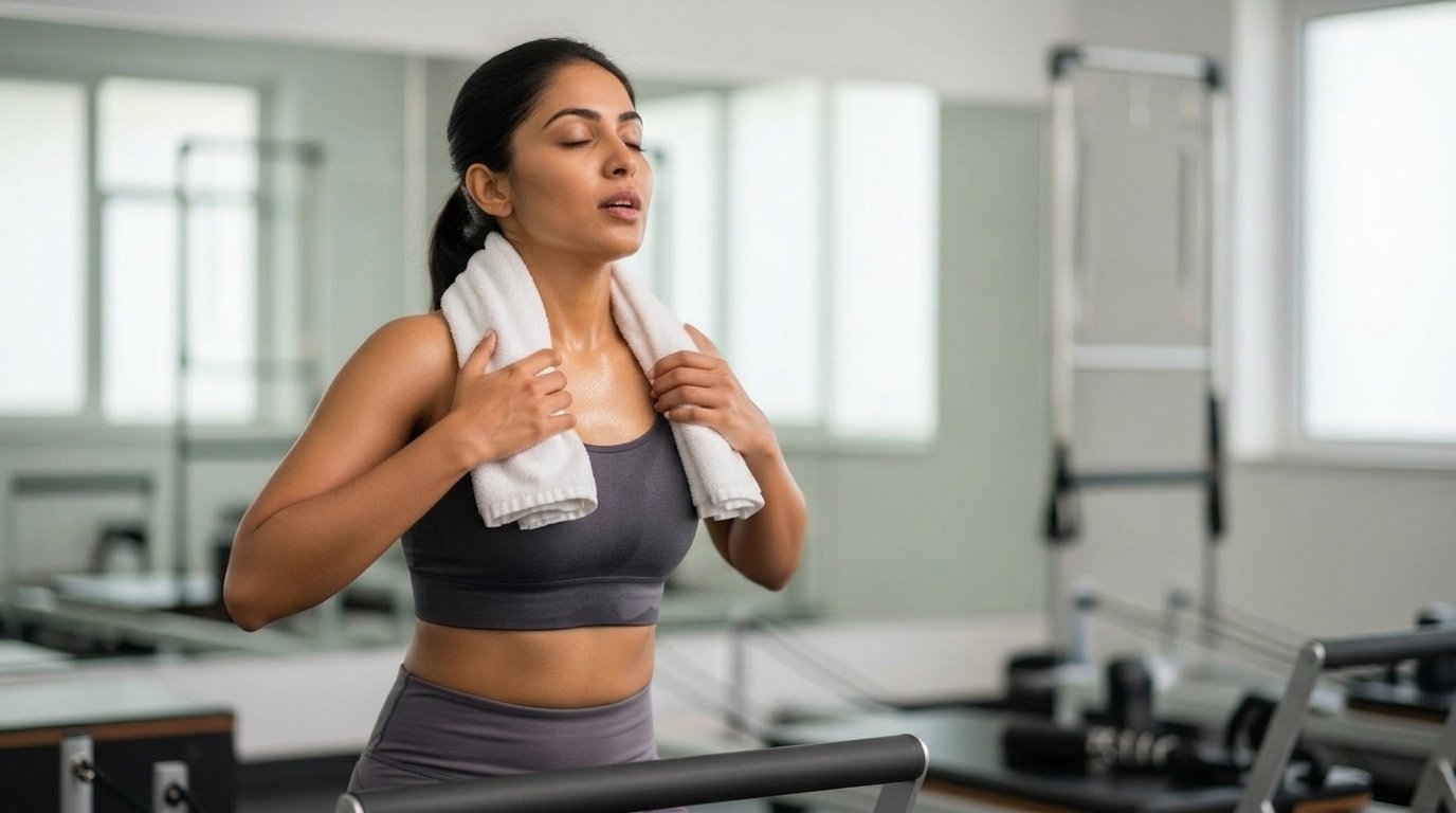 Woman with a towel around her neck catching her breath after a Pilates session in a studio.