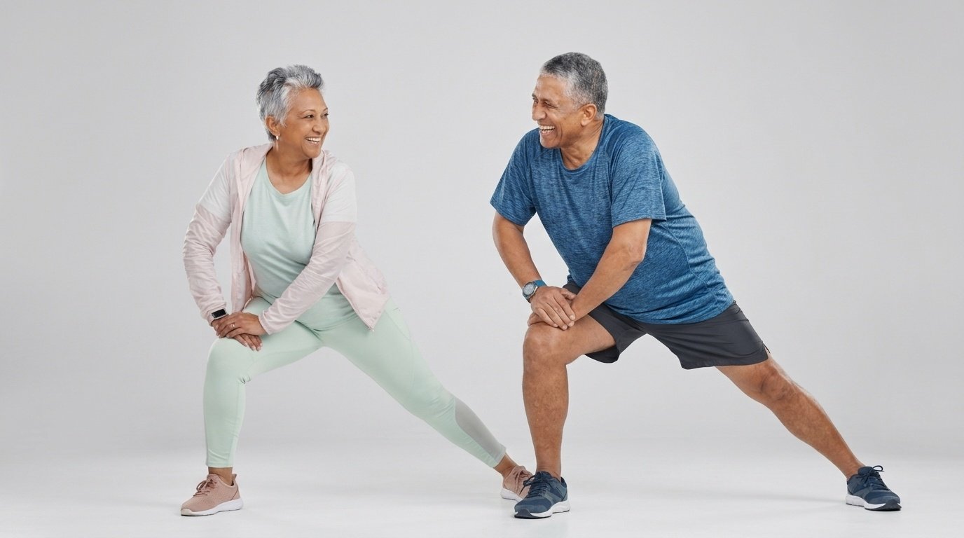 Smiling senior couple doing side lunge stretches together.