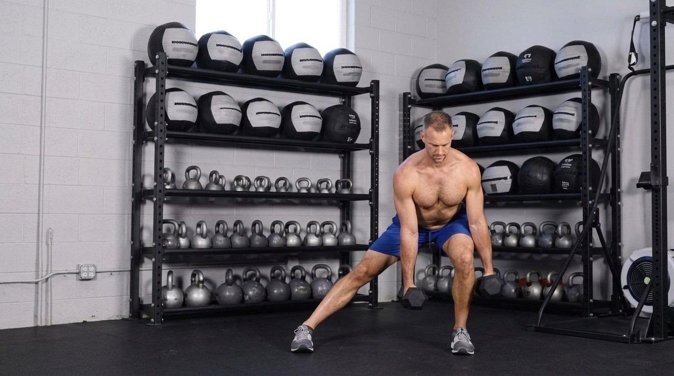 Shirtless man doing a dumbbell lateral lunge in front of gym storage racks.