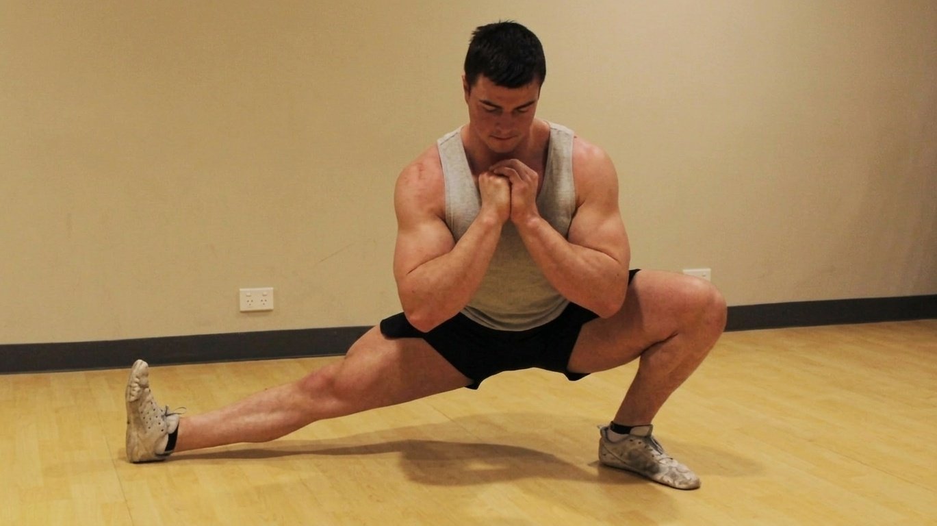 Muscular man in tank top holding a deep cossack squat on a wooden floor.