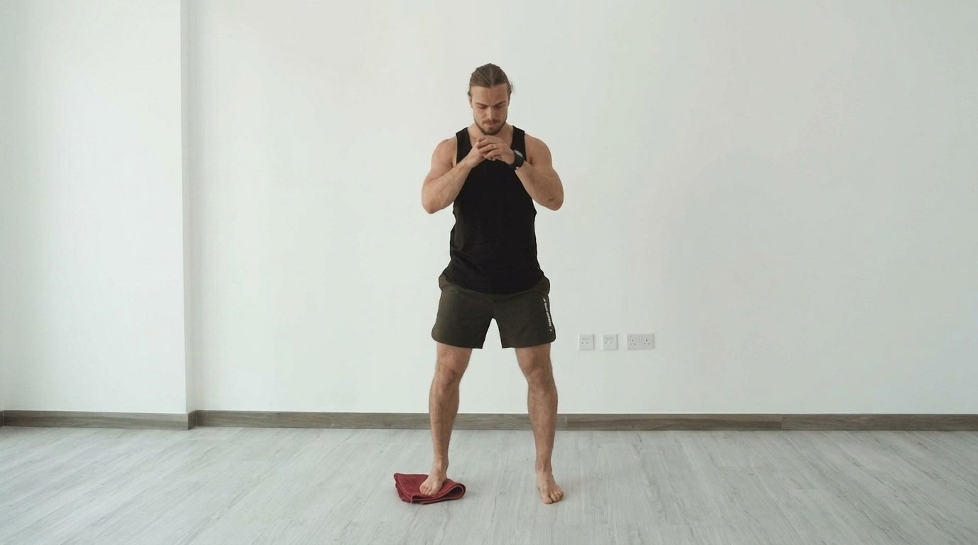 Man in black tank top standing barefoot with one foot on a red towel.