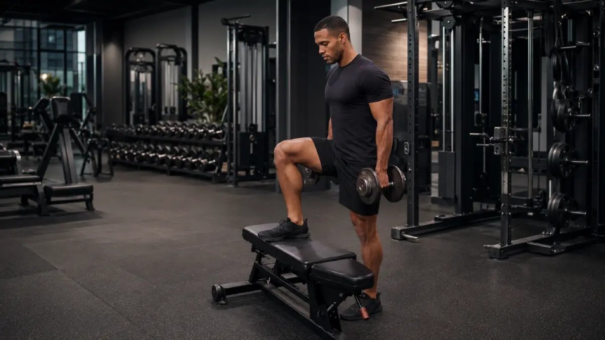 Dumbbell step-up exercise for quad strength.