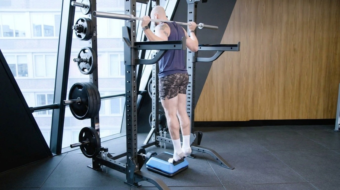 Man doing standing calf raises on a step with a barbell in a squat rack.