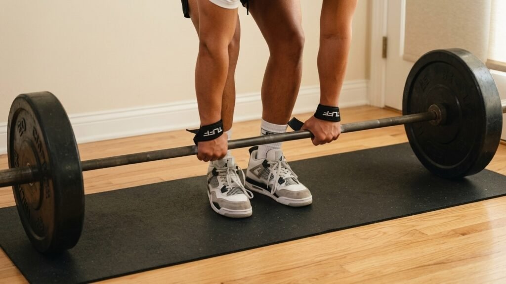 Close-up of proper barbell grip with straps for safe RDL lower back form