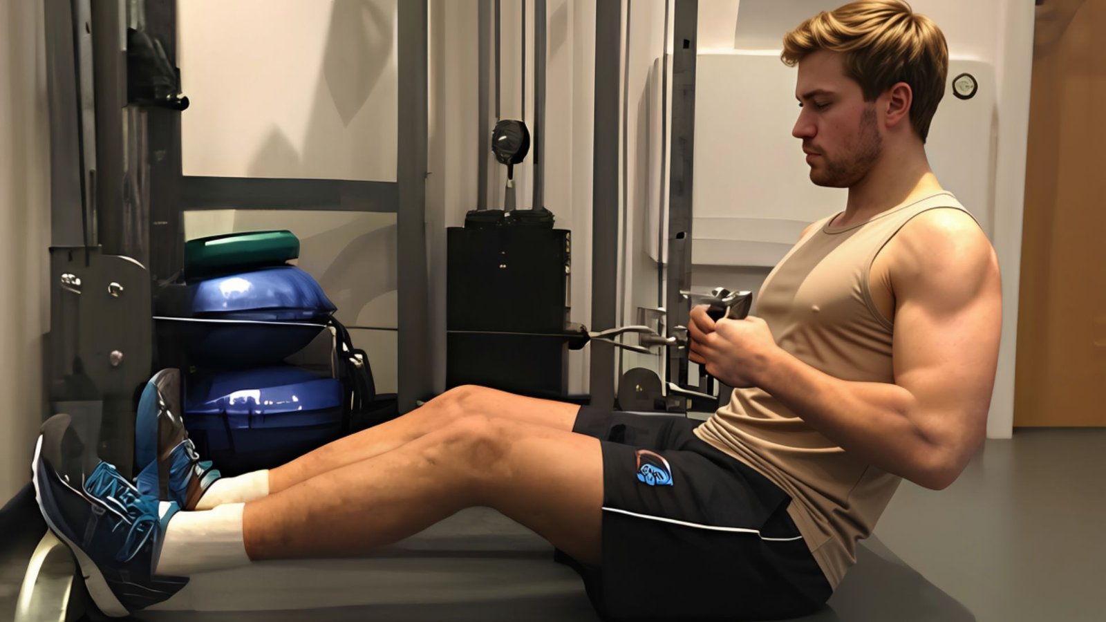 Man performing a seated cable row while keeping his chest up and shoulders pulled back.