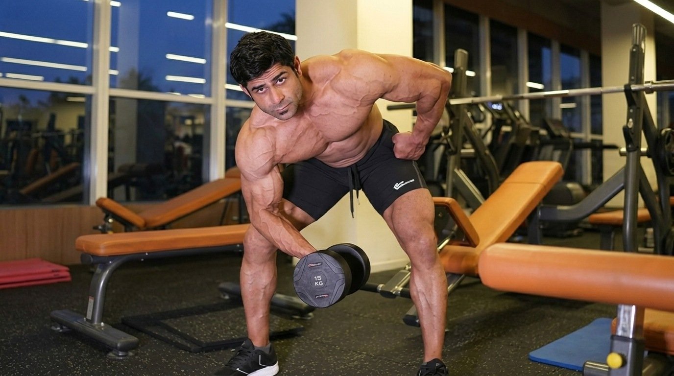 Shirtless muscular man bending forward doing a single arm dumbbell row in gym.