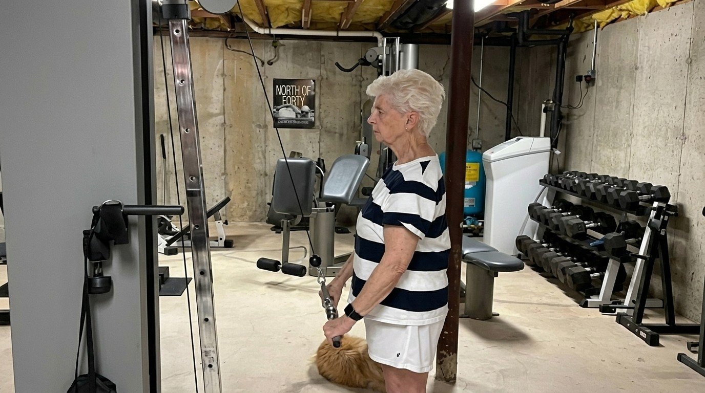 Older woman with white hair using a cable machine in a basement home gym.