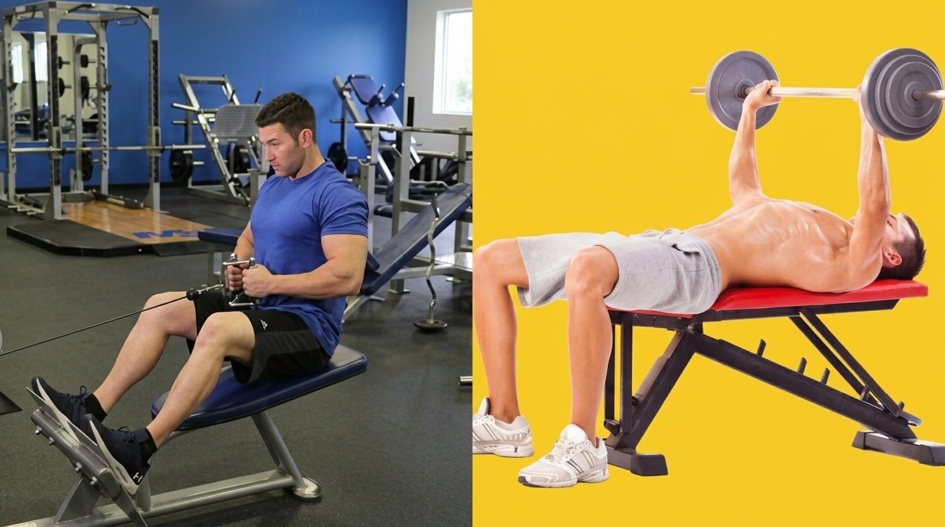 Man doing seated cable rows beside shirtless man doing barbell bench press on bench.