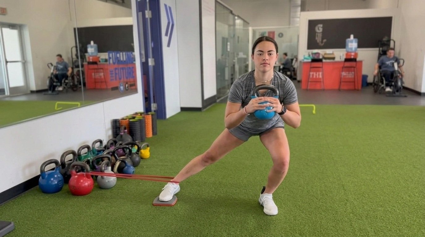 Woman doing a slider lateral lunge holding a kettlebell with a resistance band.