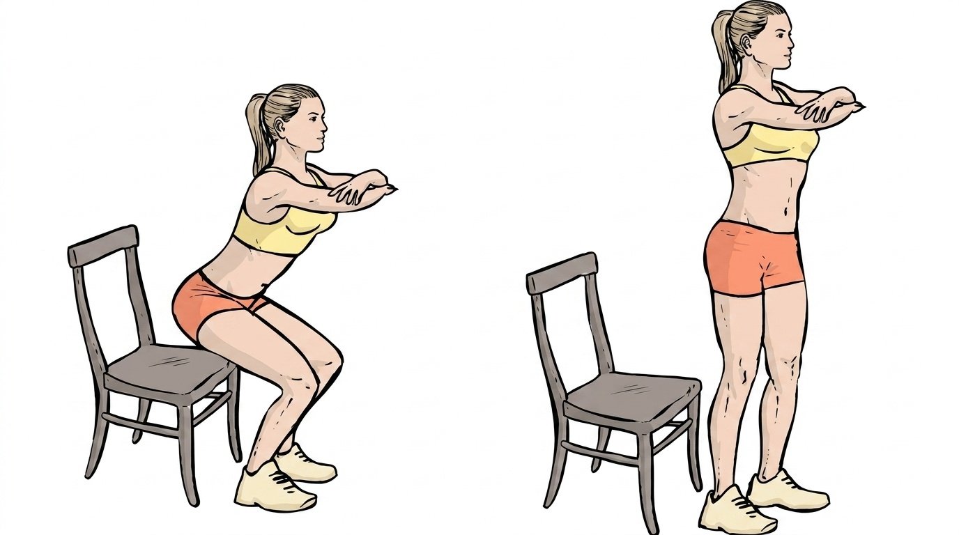 Illustration of a woman performing a chair squat, lowering toward the seat and standing back up.
