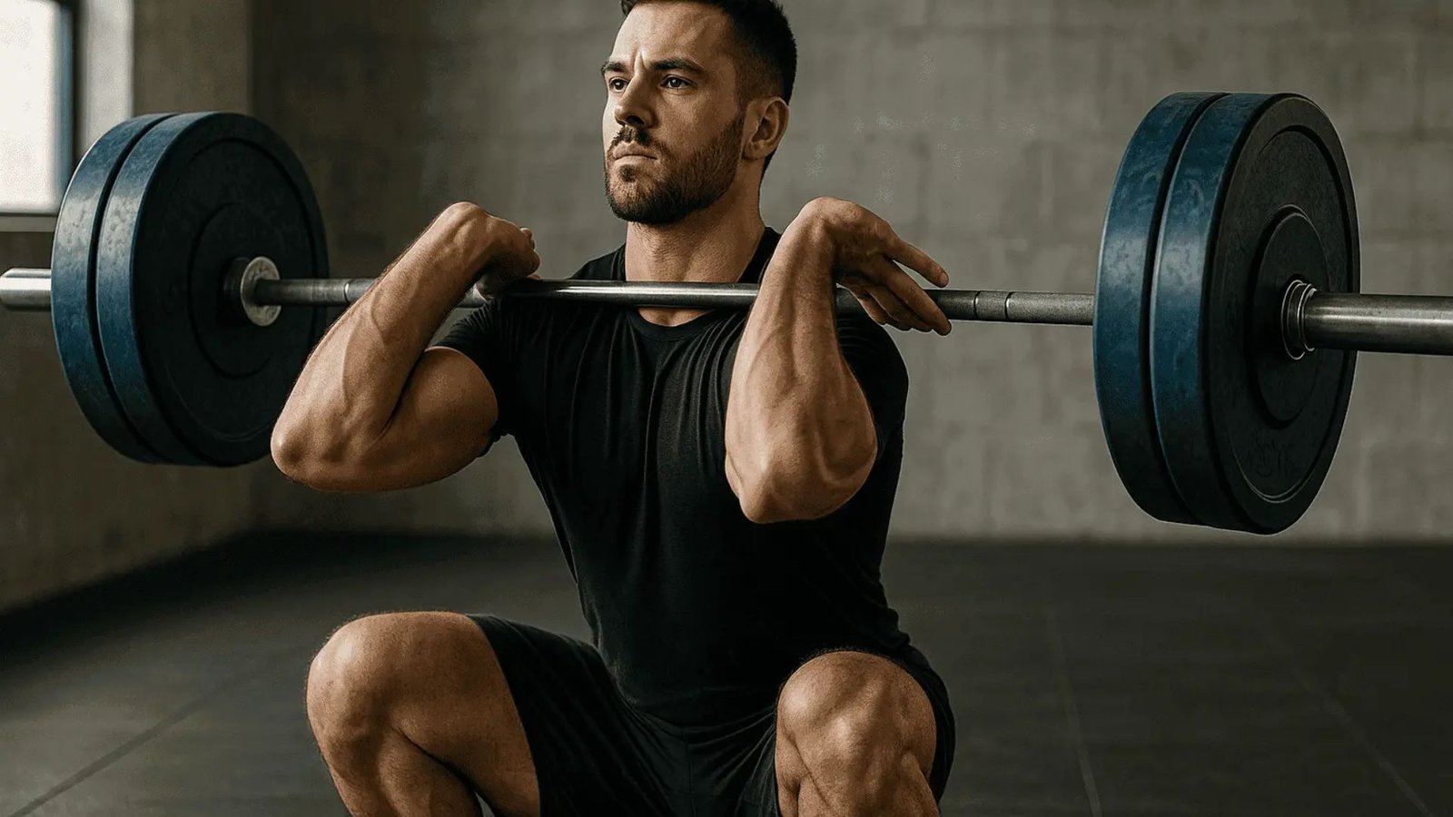 man performing a front squat with a barbell to strengthen quads and improve knee stability.