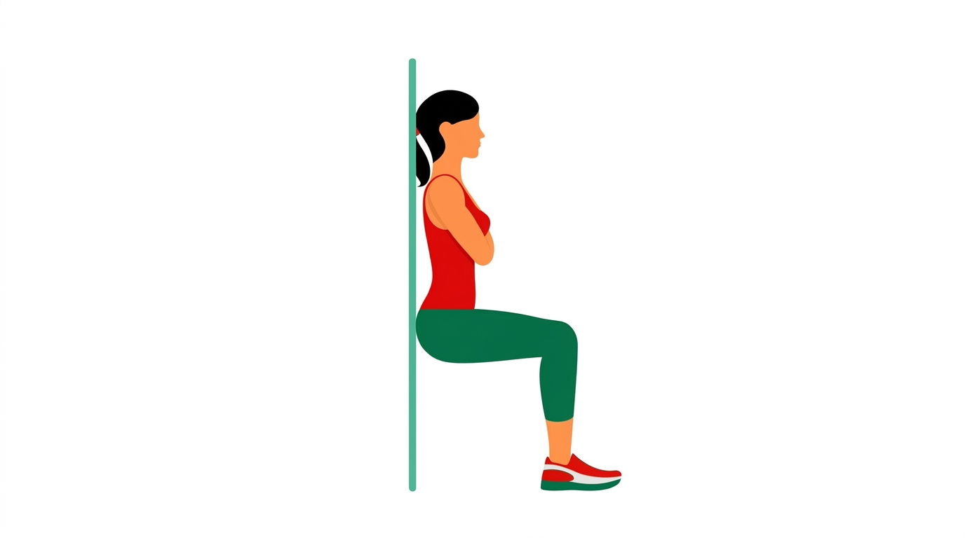 Side-view illustration of a woman holding a wall sit with knees bent at ninety degrees.