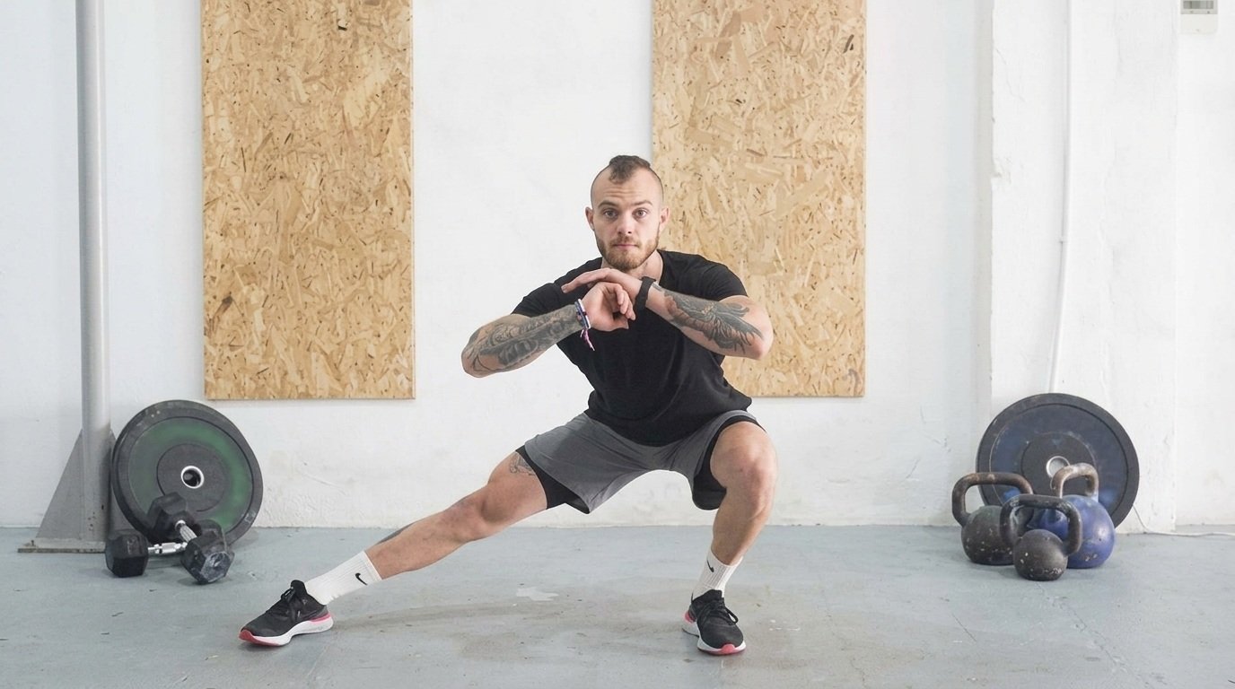Tattooed man in black shirt holding a lateral squat position in a plain gym.