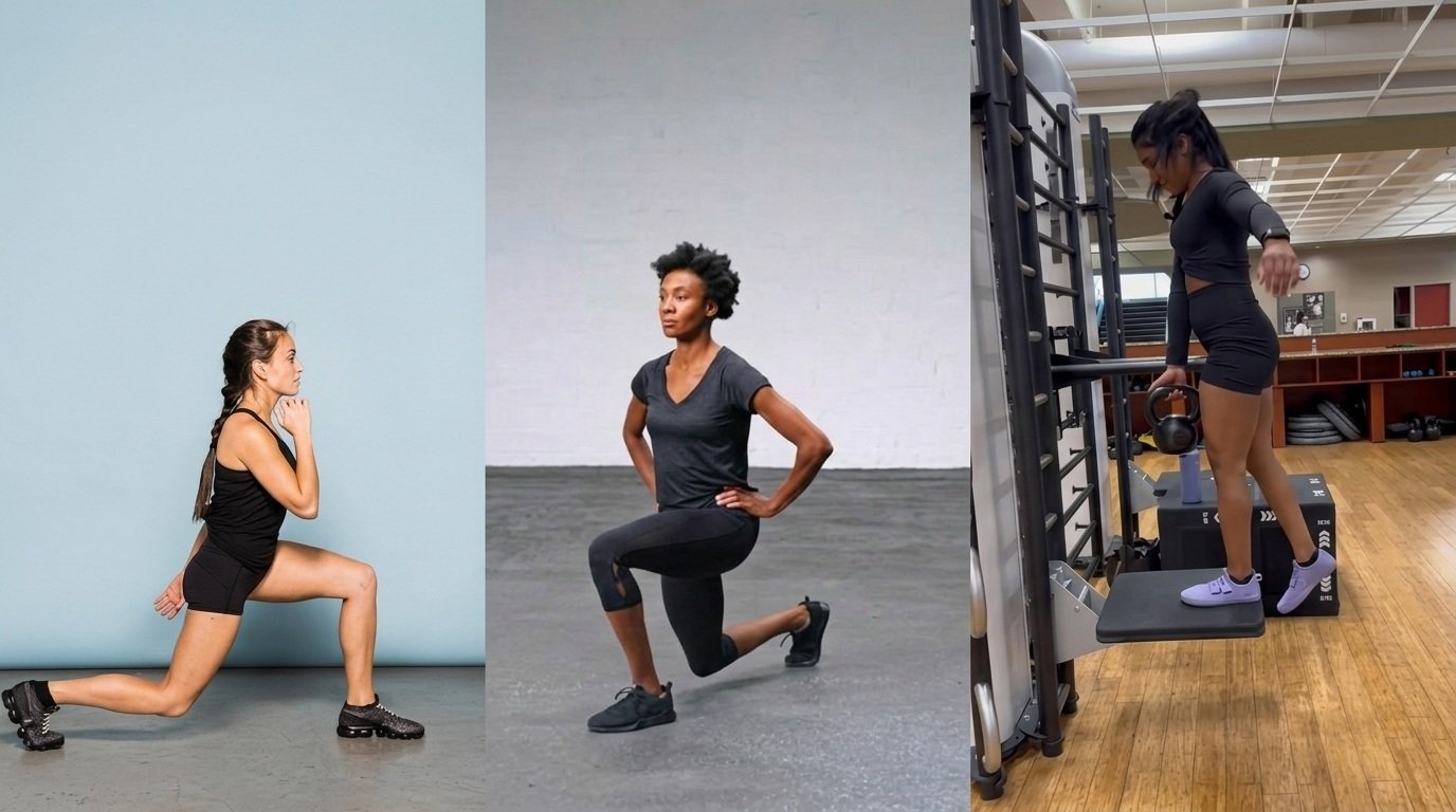 Three photos of women doing split squats, lunges, and step ups in gyms.
